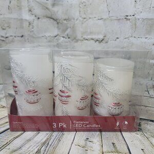 3pk Flameless LED Candles White w Red And Silver Christmas Balls